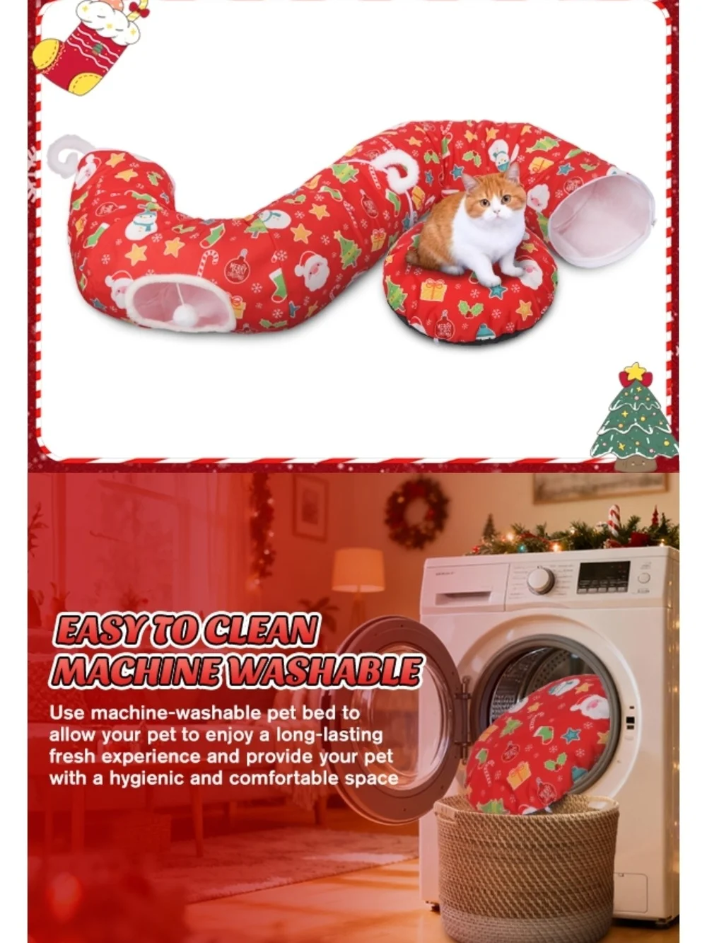 Cozy Red Holiday Cat Tunnel Bed with Plush Interior